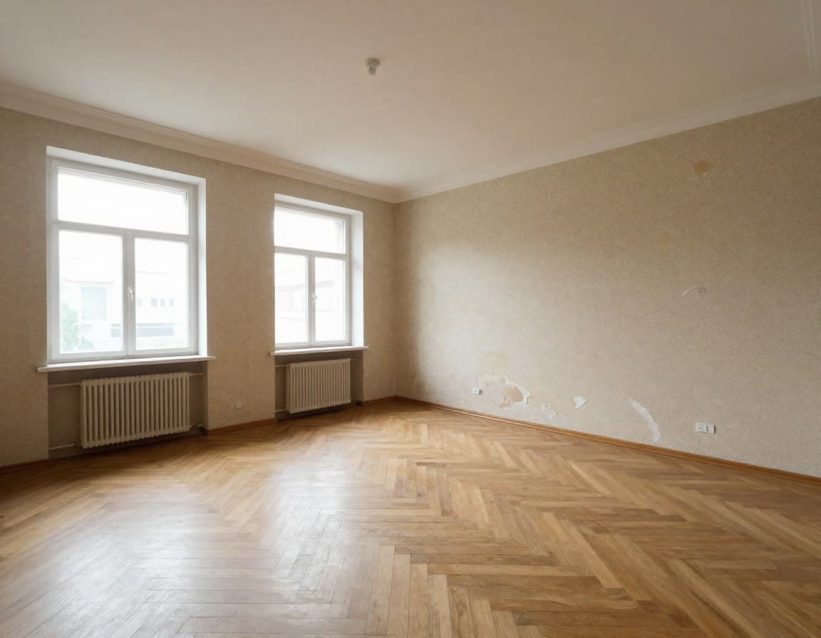 Leeres Wohnzimmer einer Erbimmobilie mit Parkettboden und großen Fenstern