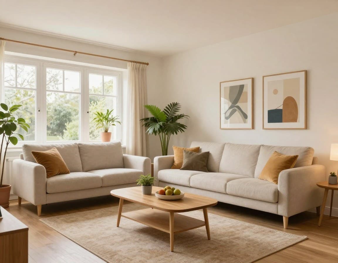 Virtuell gestagetes Wohnzimmer einer Erbimmobilie mit modernen Möbeln