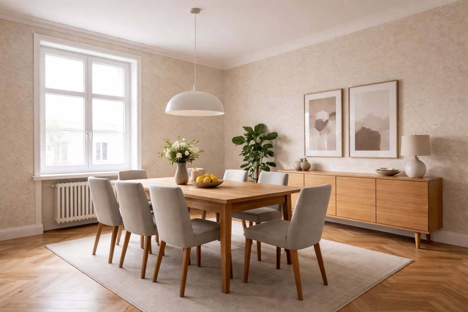 Virtuell eingerichtetes Esszimmer der Erbimmobilie nach dem Staging