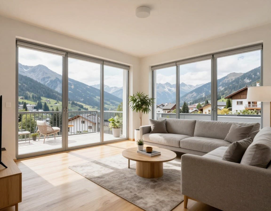 Helles Wohnzimmer einer österreichischen Wohnung mit Alpenblick durch große Fenster