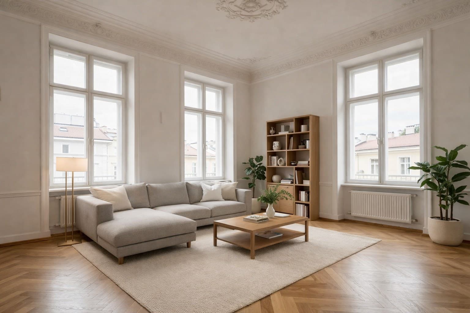 Dasselbe Wiener Wohnzimmer nach dem Virtual Staging mit modernen Möbeln
