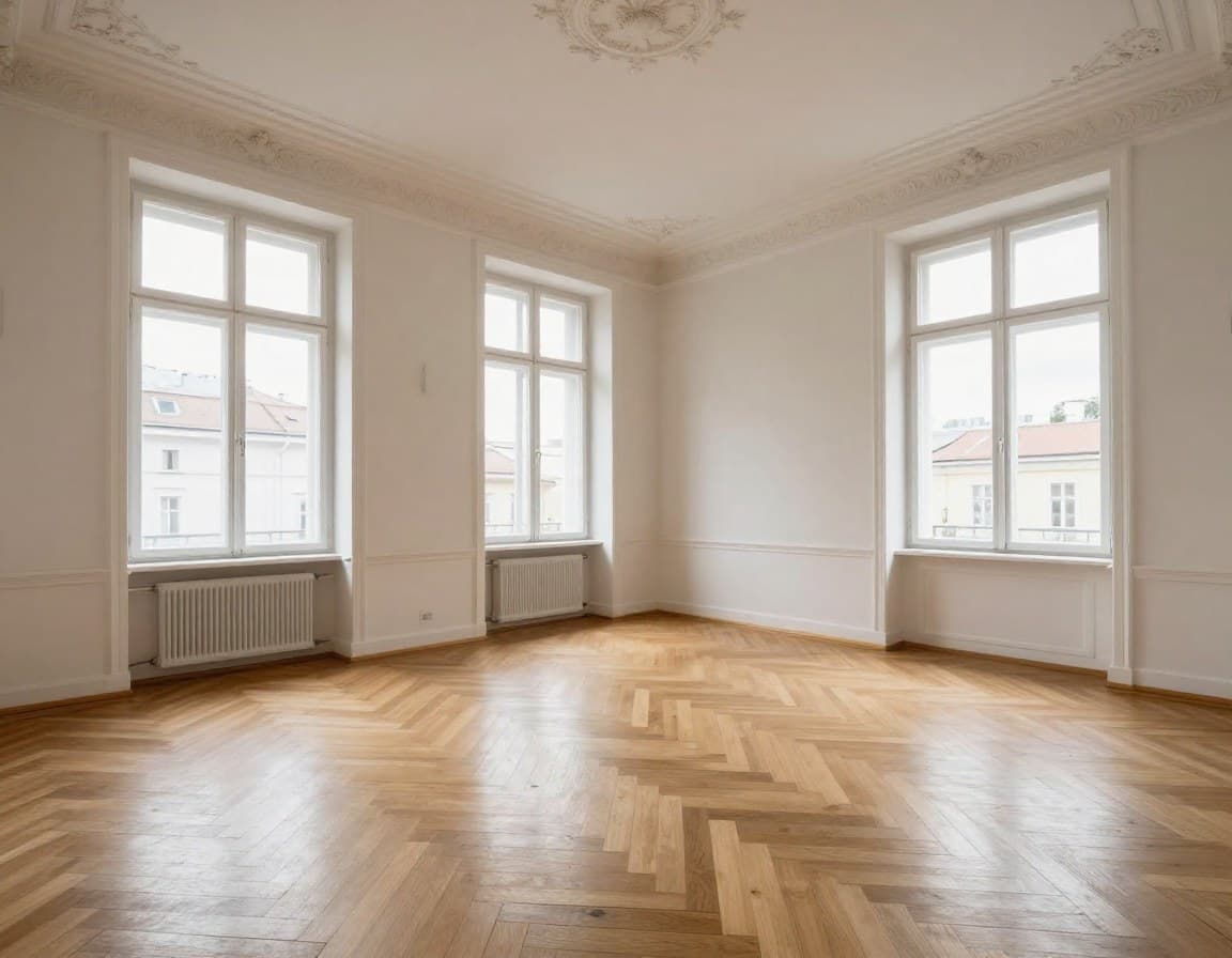 Leeres Wohnzimmer einer Wiener Altbauwohnung vor dem Virtual Staging