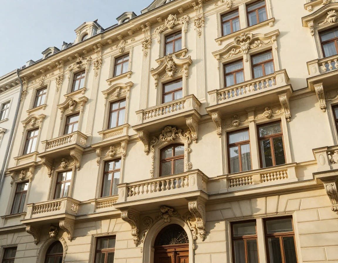Wiener Altbau-Fassade mit Jugendstil-Elementen und Balkonen