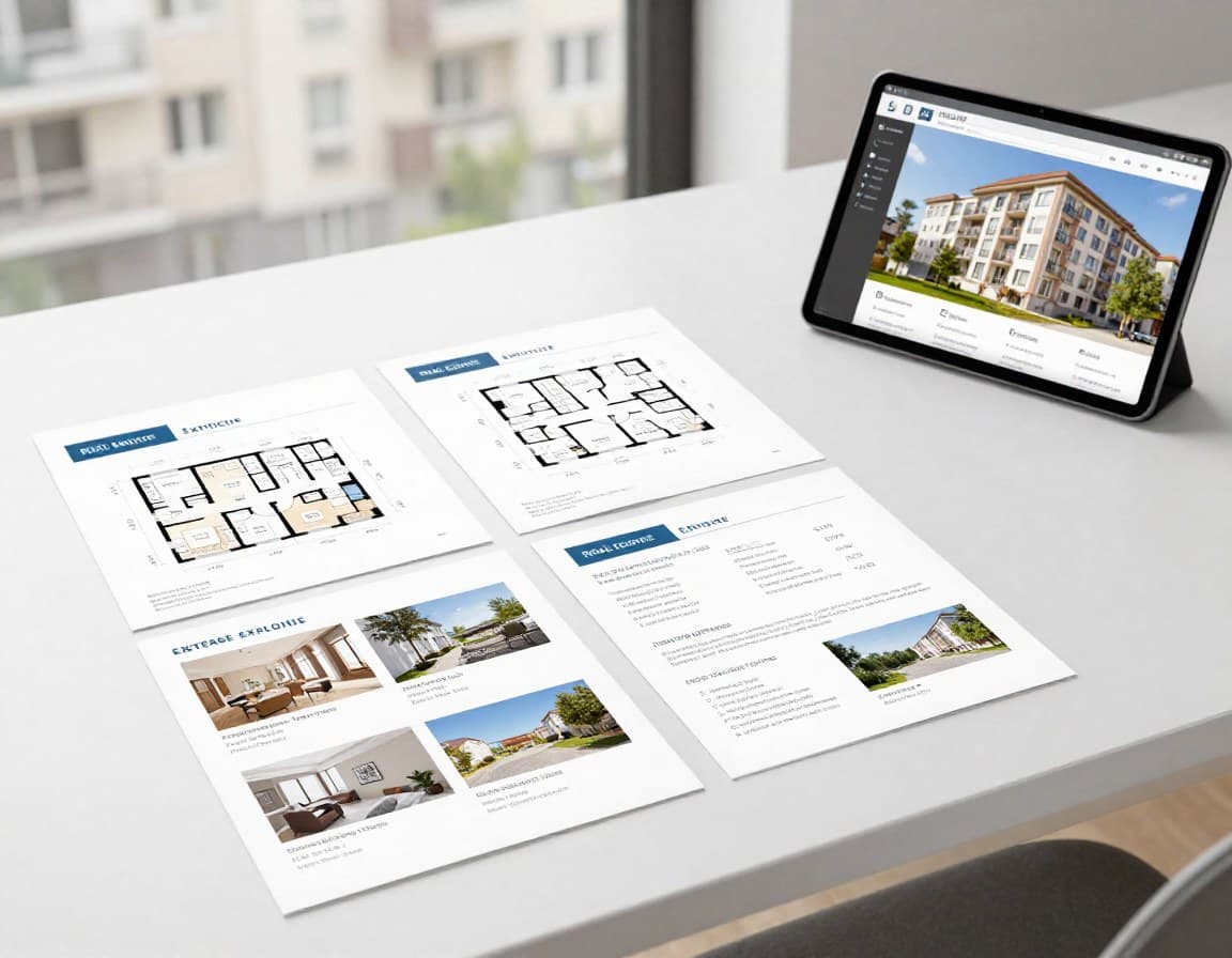 Professionelle Exposé-Unterlagen mit Grundriss und hochwertigen Immobilienfotos auf einem Schreibtisch