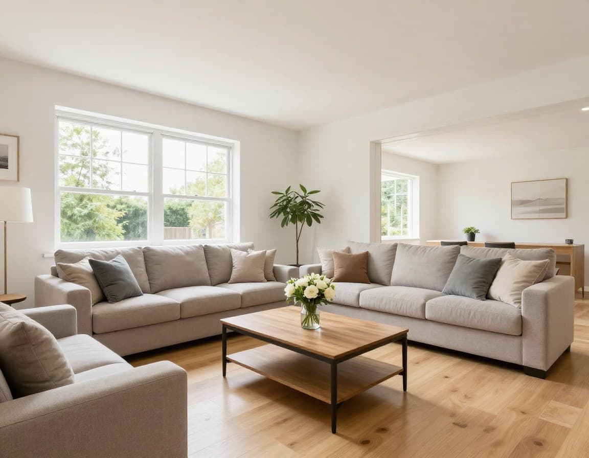 Professionell präsentiertes Wohnzimmer für den Immobilienverkauf mit natürlichem Licht und neutraler Einrichtung