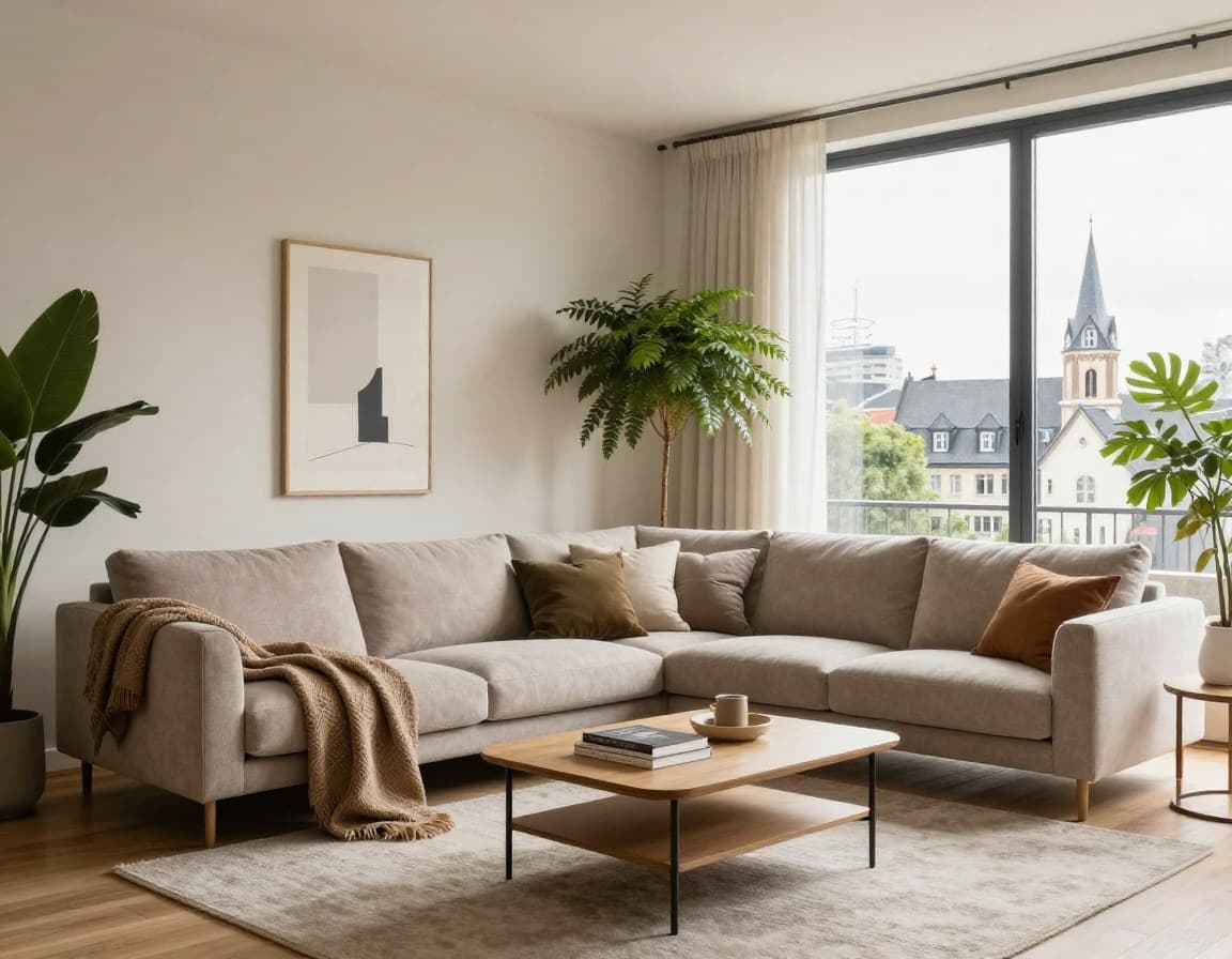 Professionell gestagetes Wohnzimmer mit modernen Möbeln und warmer Beleuchtung