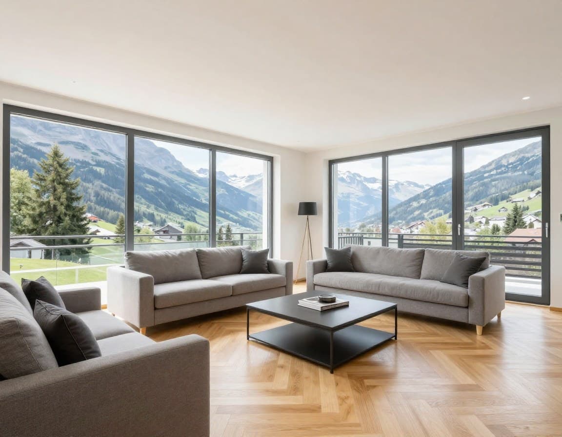 Helles modernes Wohnzimmer in einer Schweizer Wohnung mit Parkettboden und Alpenblick