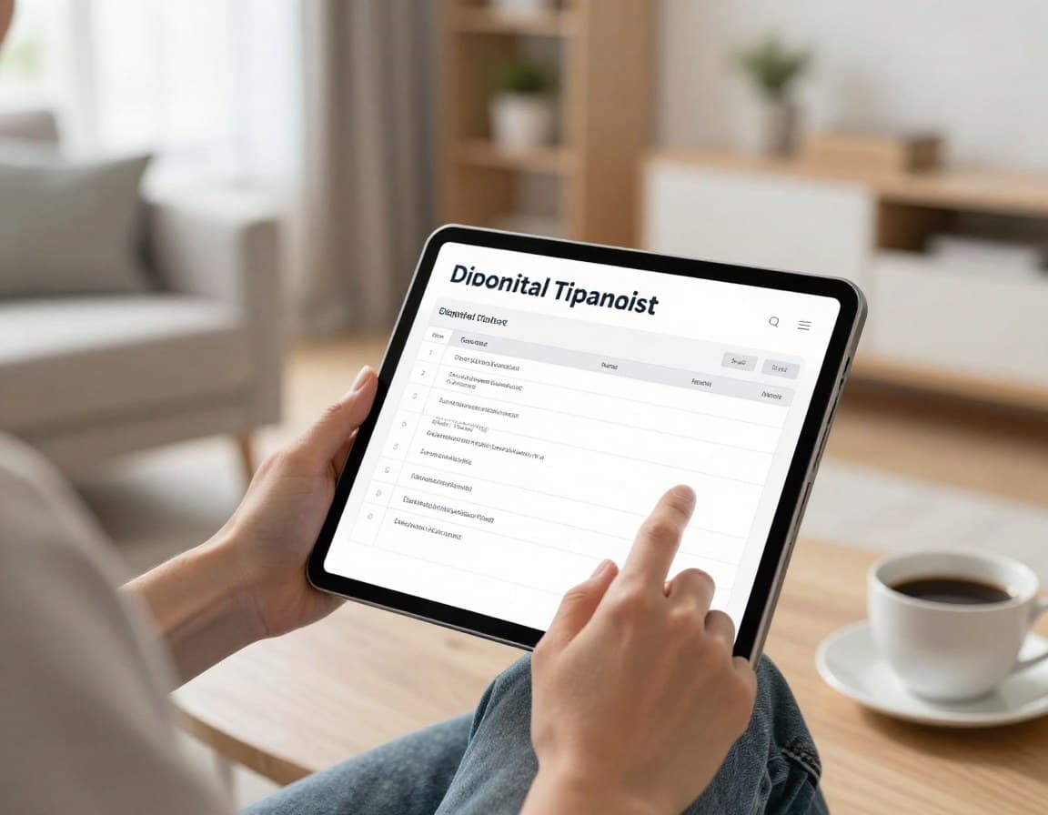 Digitale Checkliste für Verkaufsunterlagen auf einem Tablet in einem hellen Wohnzimmer