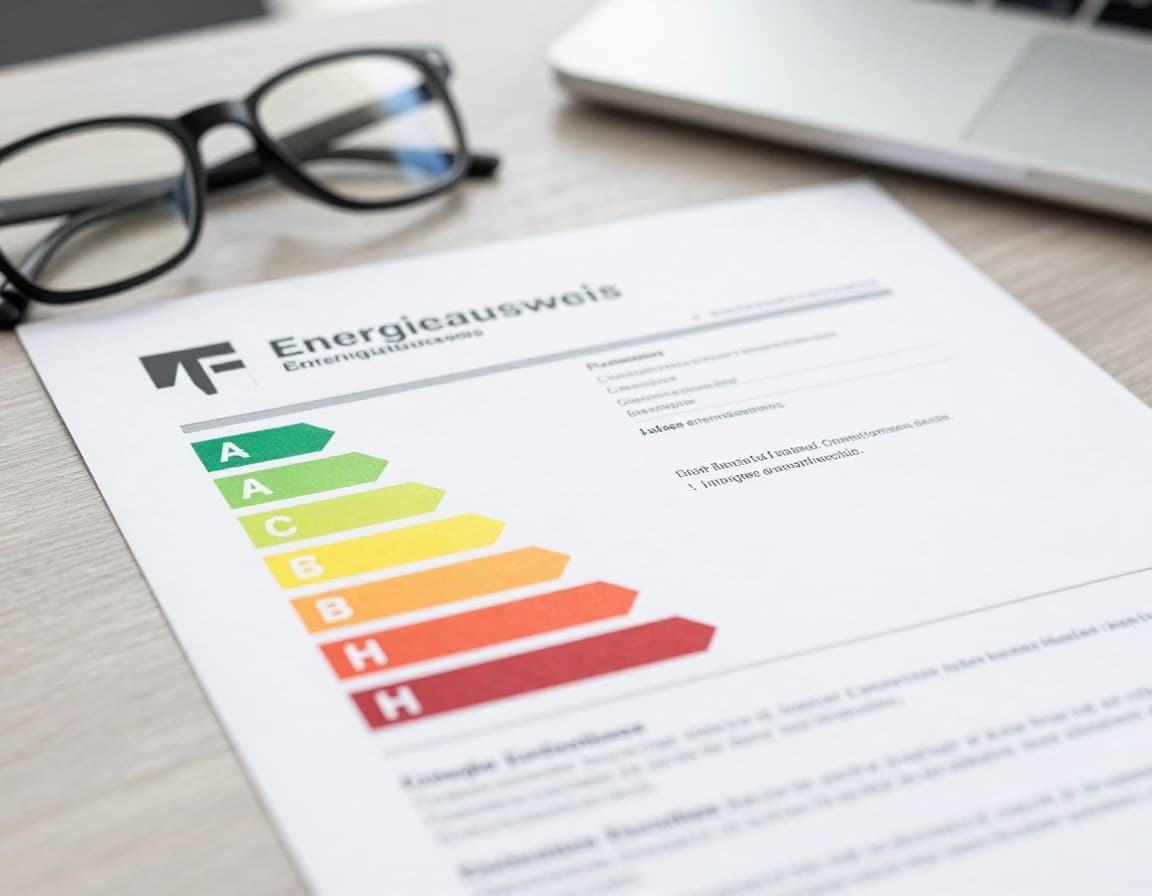Deutscher Energieausweis mit farbiger Effizienzskala auf einem Schreibtisch