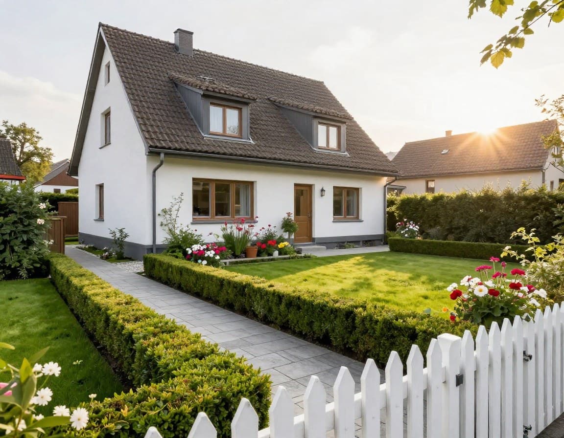 Gepflegter Vorgarten eines deutschen Einfamilienhauses mit geschnittener Hecke und sauberem Weg