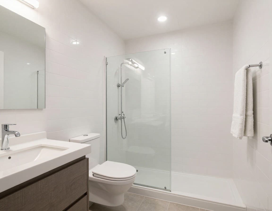 Modern Clean Badezimmer mit weißen Fliesen und minimalistischen Armaturen