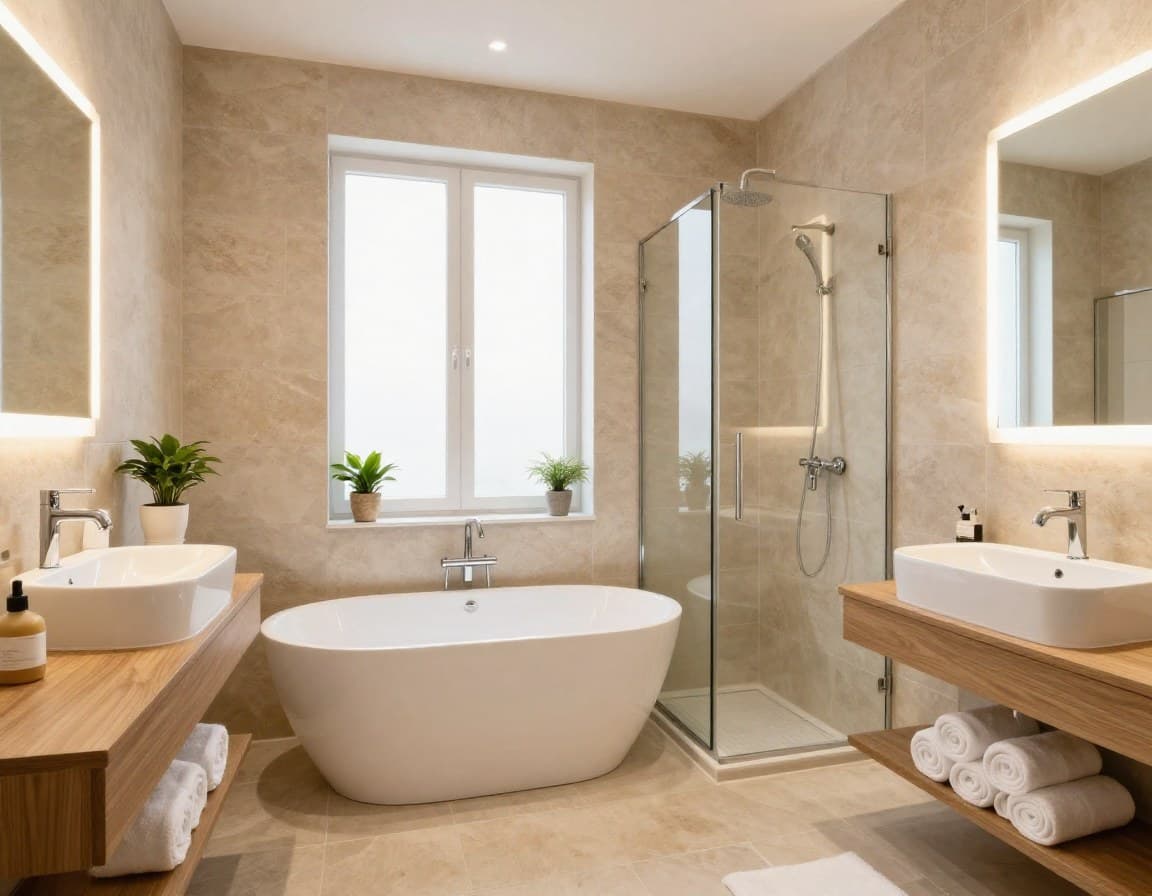 Spa Wellness Badezimmer mit Naturmaterialien und warmem Licht