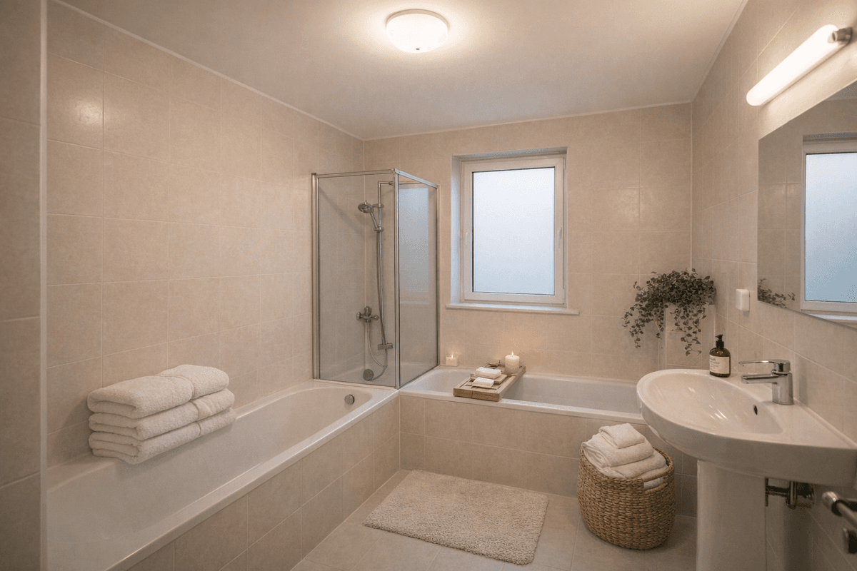 Salle de bain dans un style spa avec baignoire \u00eelot et lumi\u00e8re chaleureuse