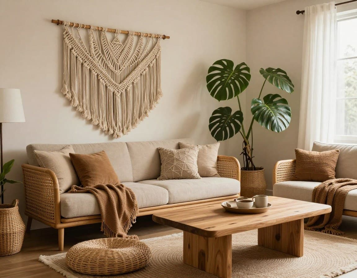 Boho Virtual Staging Wohnzimmer Beispiel mit Rattan-Möbeln und Pflanzen