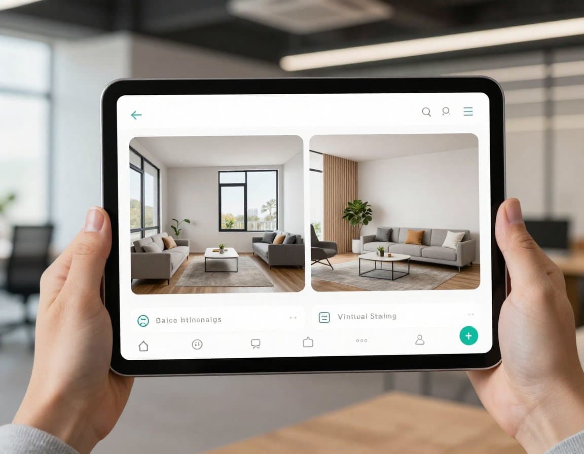 ImmoStage digitales Staging auf einem Tablet — einfache Bedienung für Makler