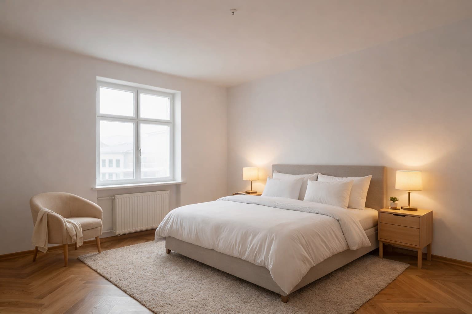 Schlafzimmer einer Erbimmobilie nach Virtual Staging — modern eingerichtet