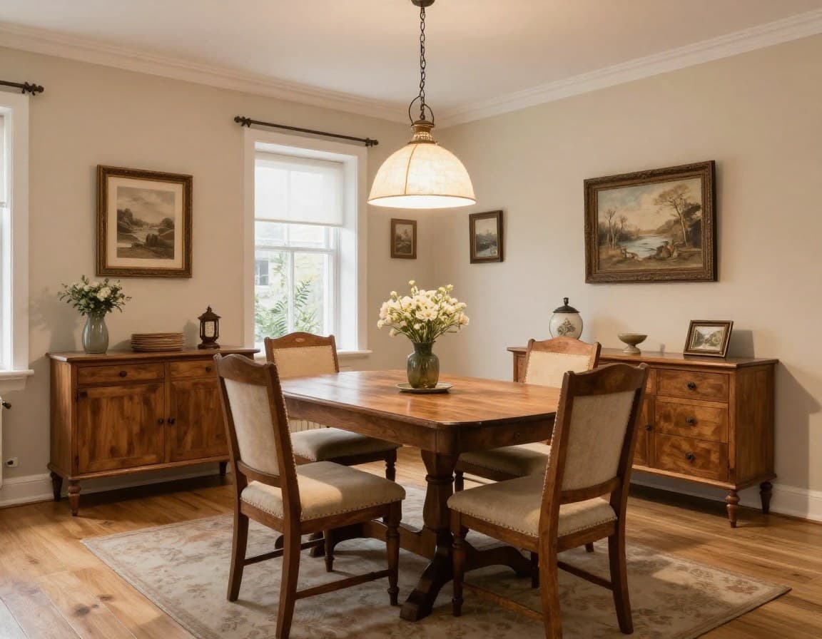 Klassisches Landhaus-Esszimmer in Einfamilienhaus, Holztisch mit 8 Stühlen, warme Farben