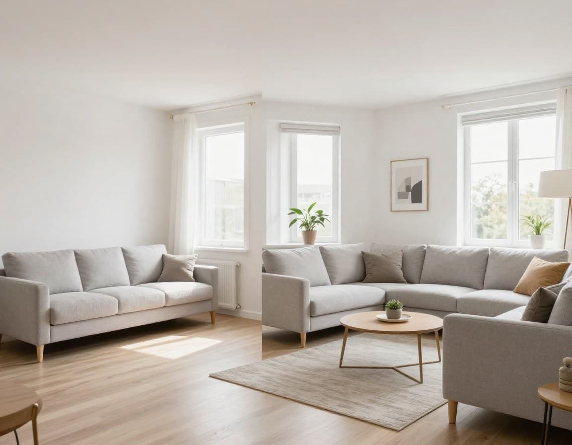 Virtual Staging Workflow: Foto hochladen, Stil waehlen, fertiges Ergebnis