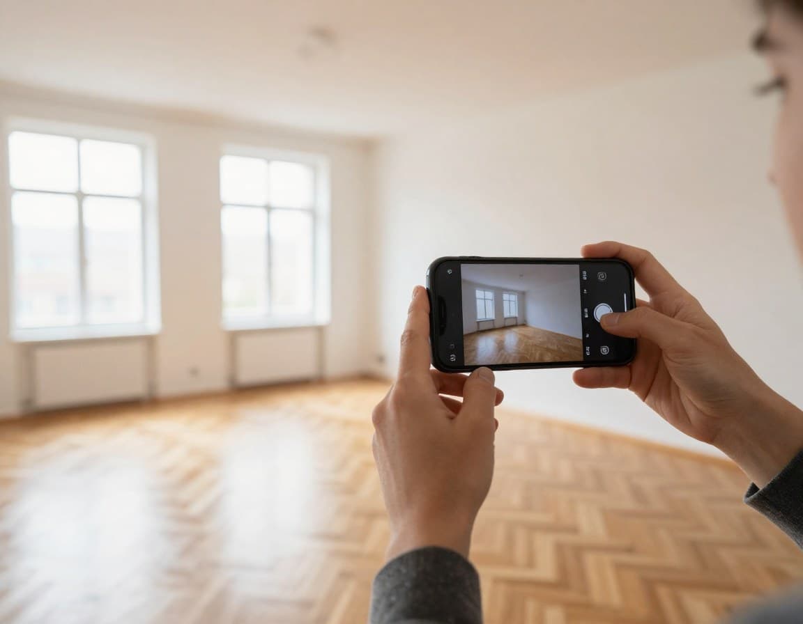 Privatverkaeufer fotografiert leere Wohnung mit Smartphone fuer Immobilieninserat