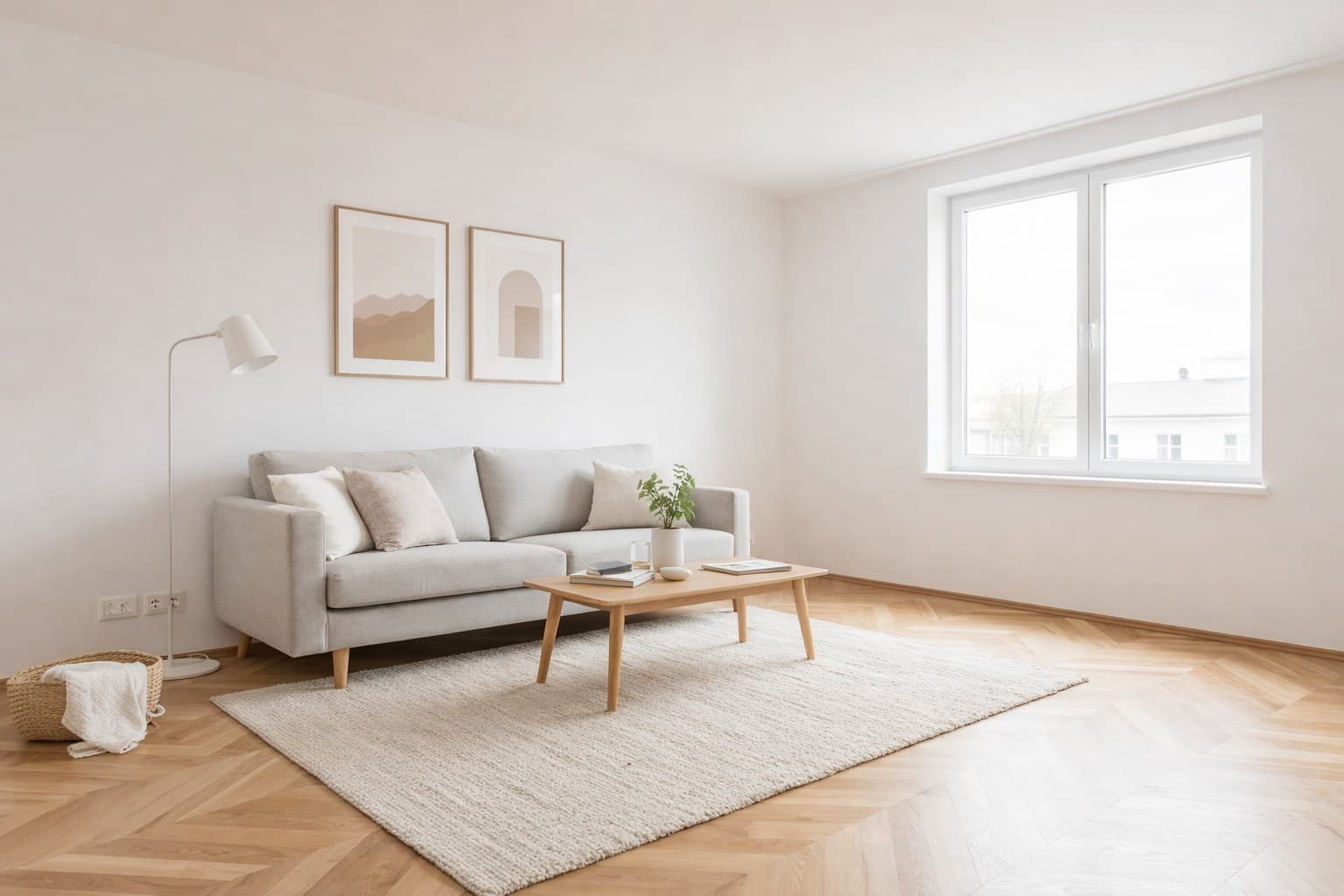 Wohnzimmer nach Virtual Staging -- modern eingerichtet, verkaufsfertig