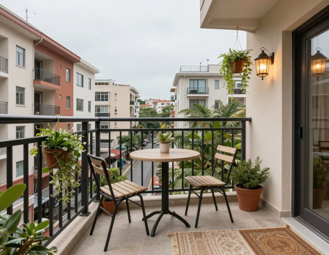 Virtual Staging Balkon mit Bistro-Tisch und Pflanzen