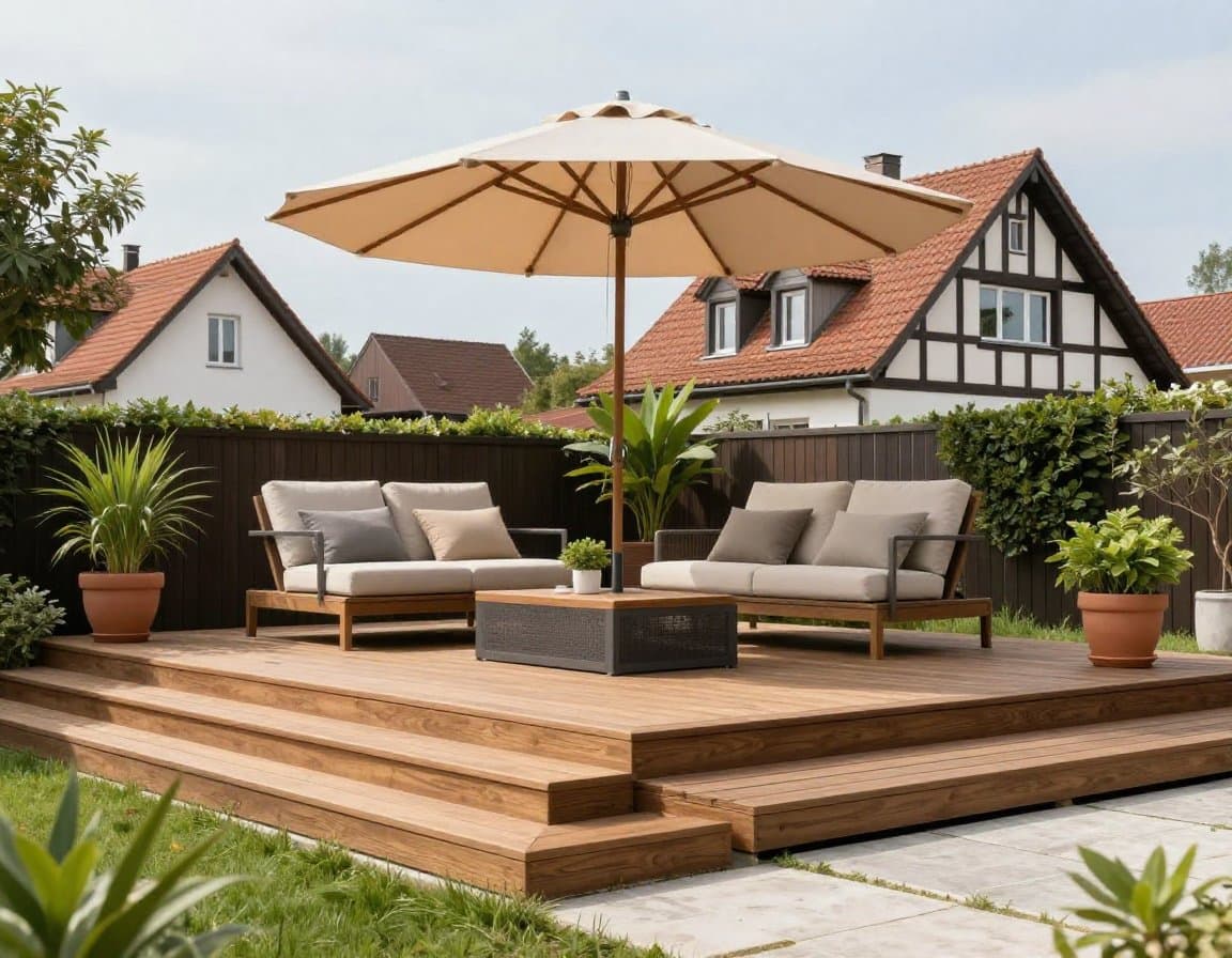 Virtual Staging Terrasse mit Lounge-Möbeln und Pflanzen