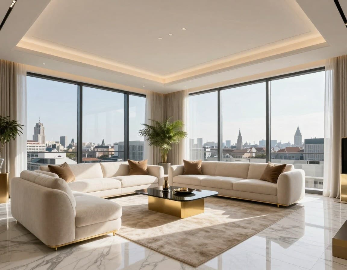 Luxuriöses Penthouse-Wohnzimmer mit Designer-Einrichtung, bodentiefen Fenstern und Stadtblick
