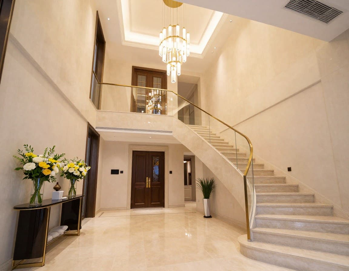 Luxuriöser Villa-Eingangsbereich mit Doppeltreppe, Marmorböden und modernem Kronleuchter