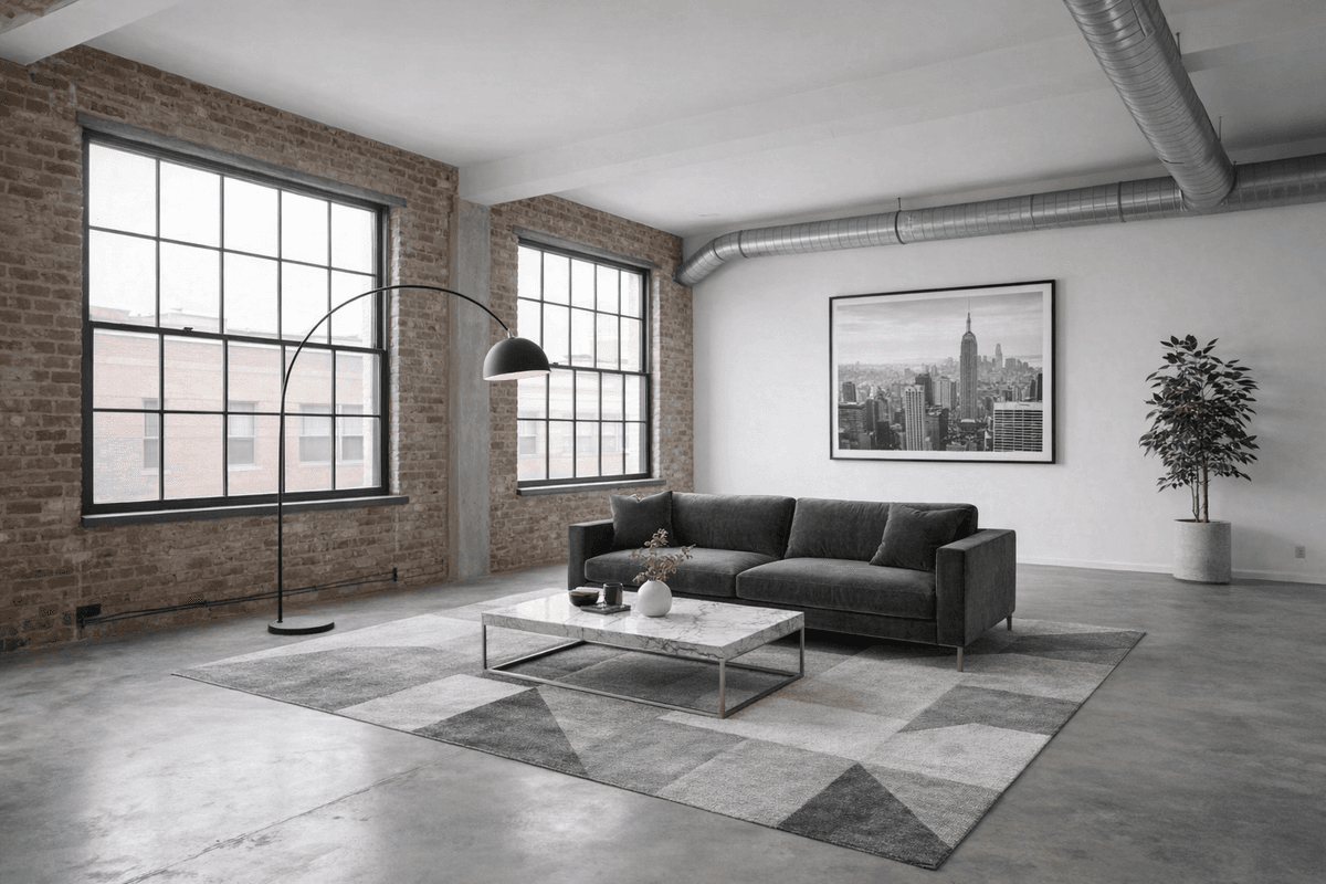 Loft am\u00e9nag\u00e9 virtuellement dans un style moderne avec b\u00e9ton et design minimaliste