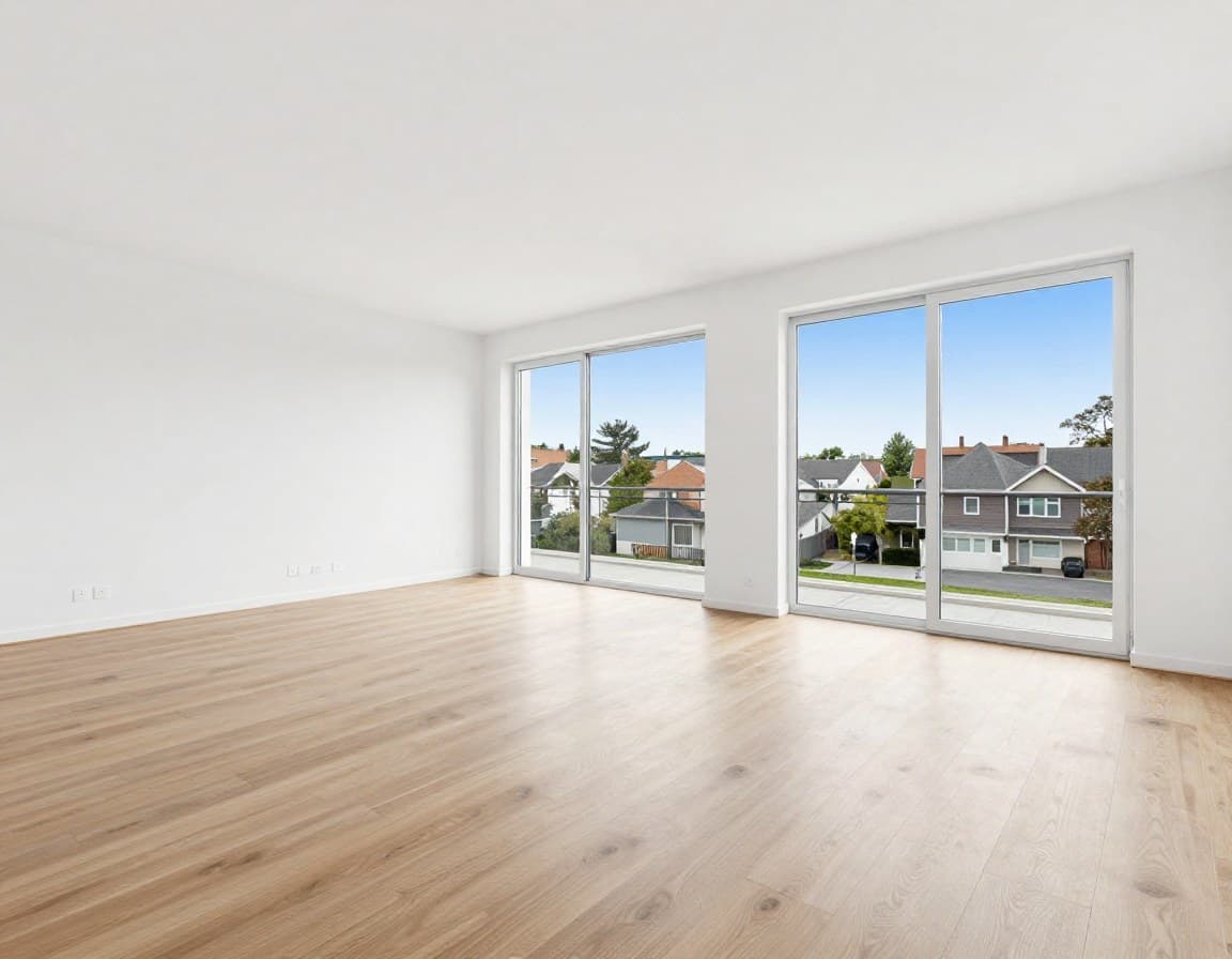 Leeres Neubau-Wohnzimmer mit weissen Wänden und hellem Boden — typisch für Neubau-Inserate ohne Staging