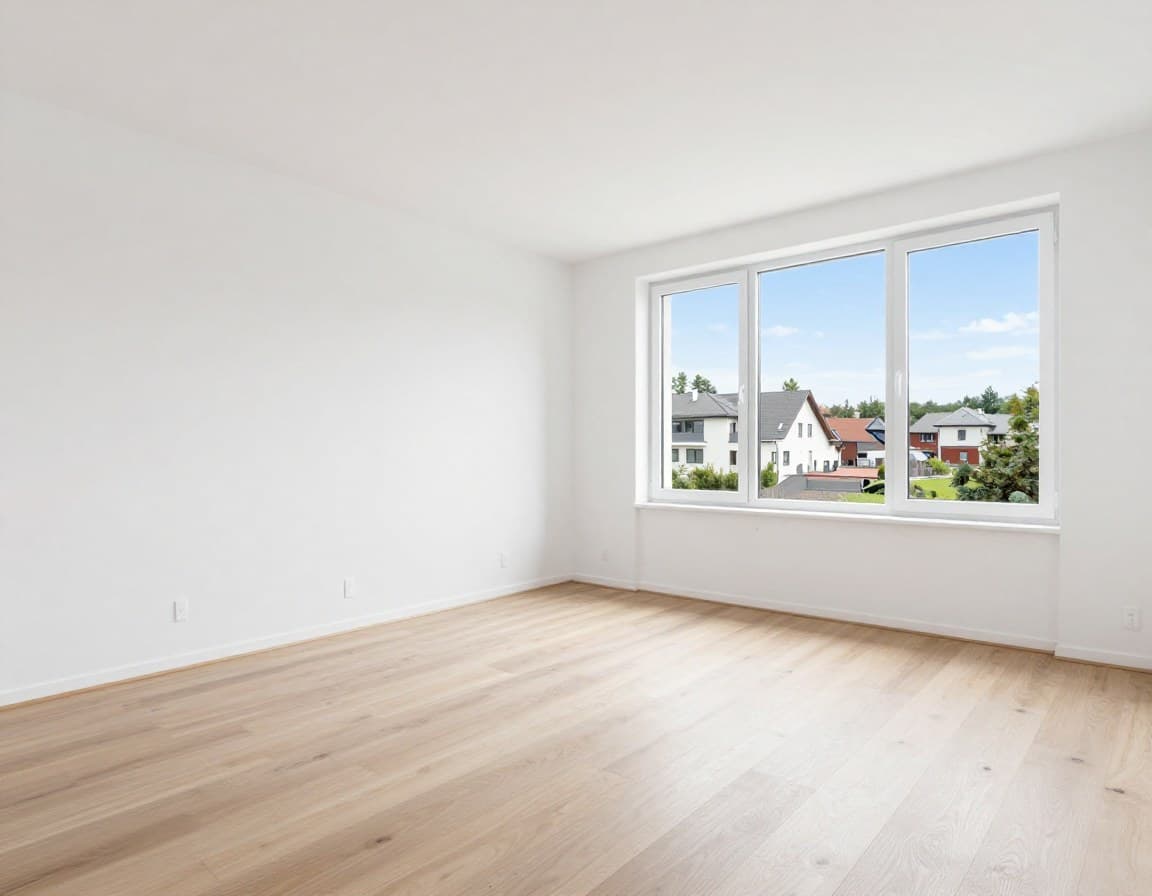 Leere Neubau-Wohnung vor dem Virtual Staging — weisse Wände ohne Einrichtung