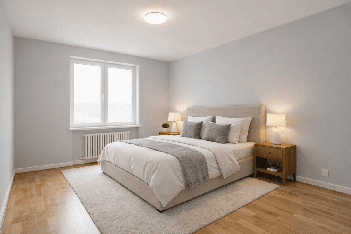 Chambre dans un style moderne avec lit plateforme et d\u00e9coration minimaliste