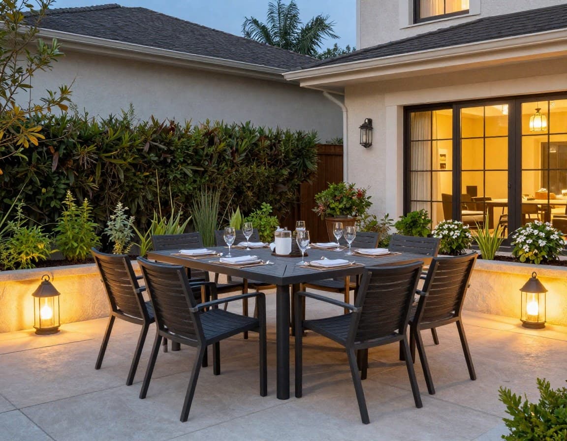 Mittlere Terrasse mit Zonierung: Essbereich und Lounge-Ecke