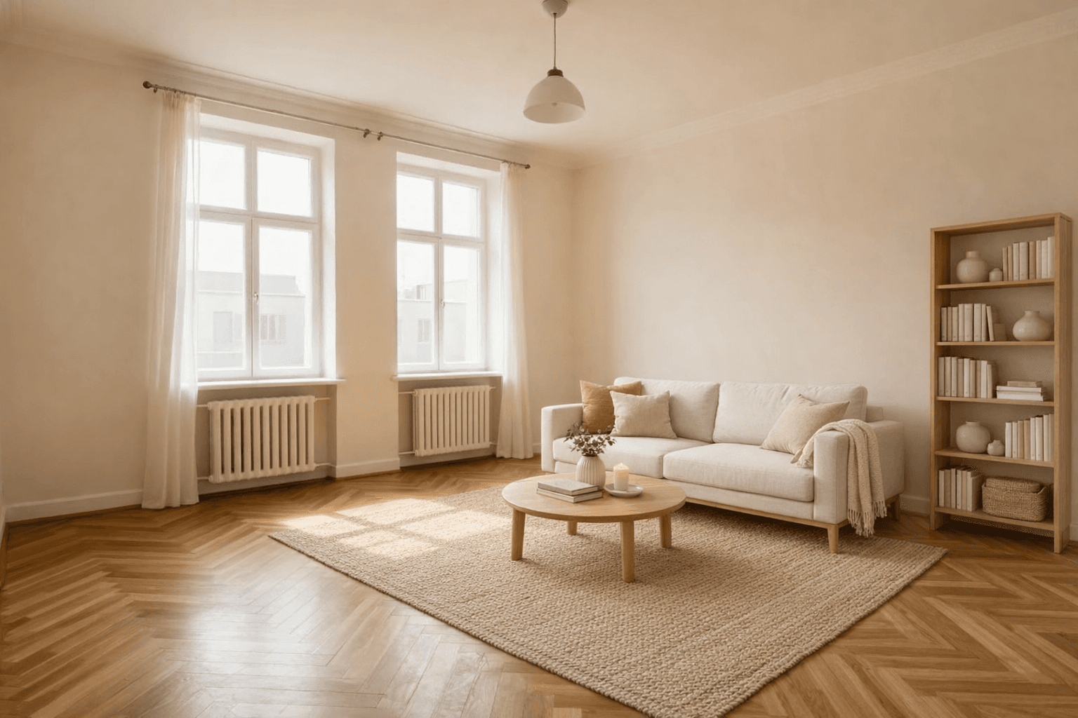 Klassisch gestagtes Wohnzimmer mit dunklen Holzmöbeln und warmen Farben