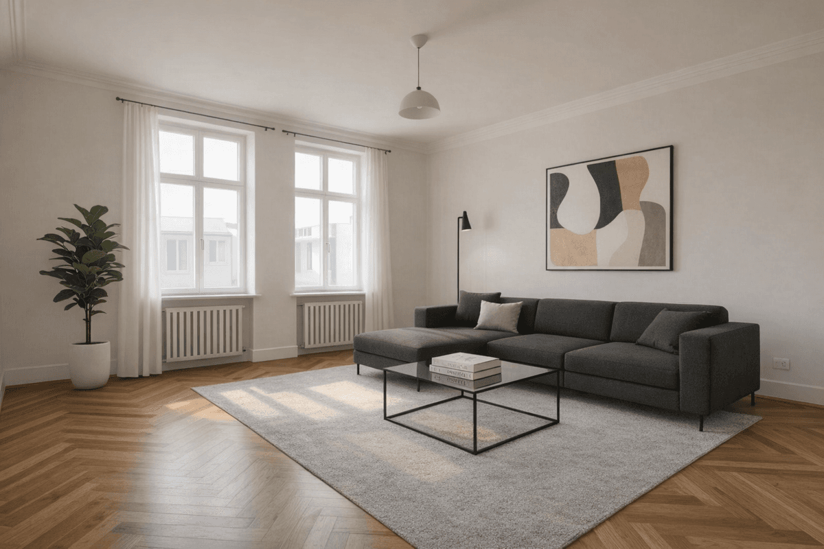 Salon am\u00e9nag\u00e9 virtuellement dans un style moderne avec des lignes \u00e9pur\u00e9es et des couleurs neutres
