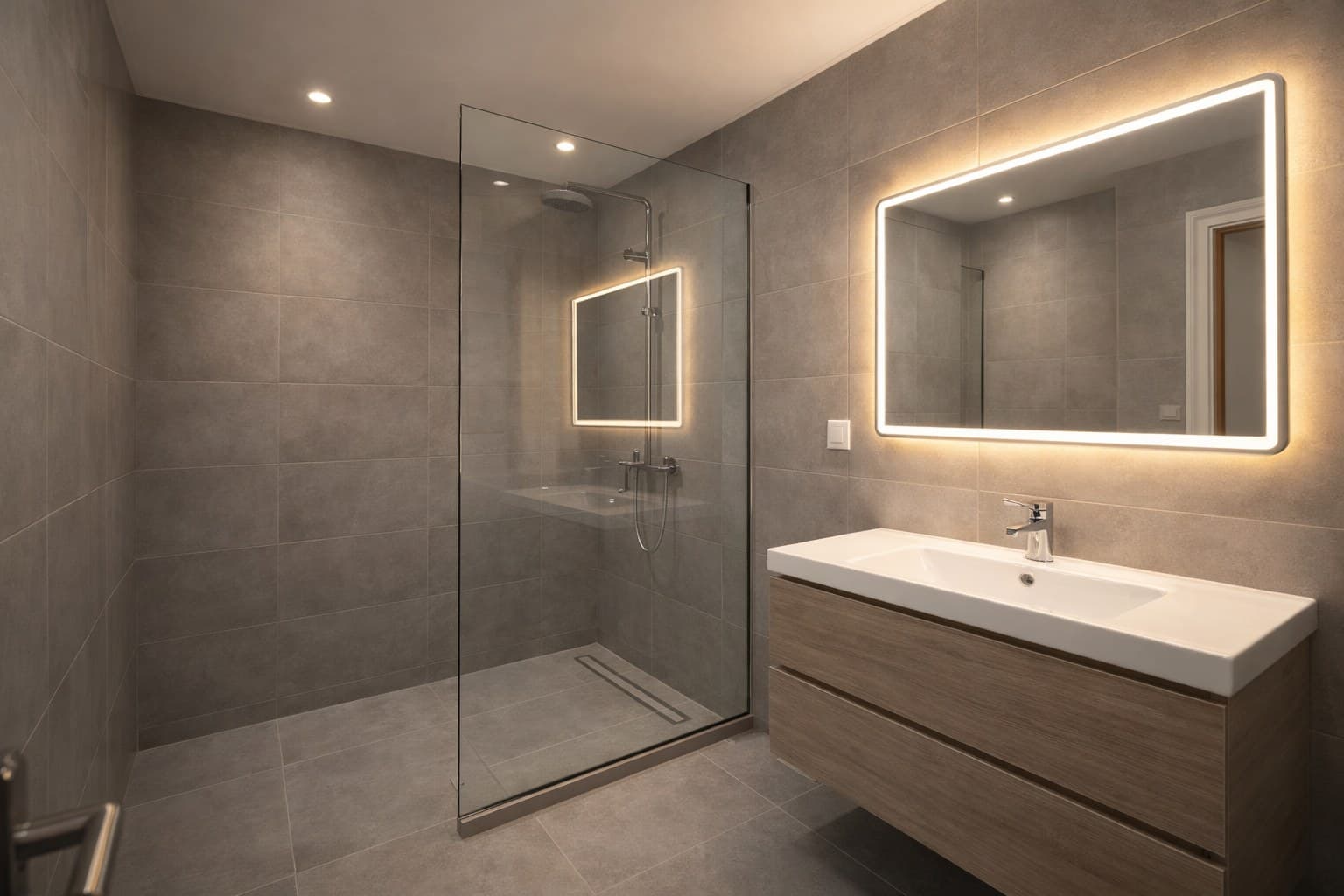 Badezimmer nach virtueller Renovierung — Walk-in-Dusche und moderner Waschtisch