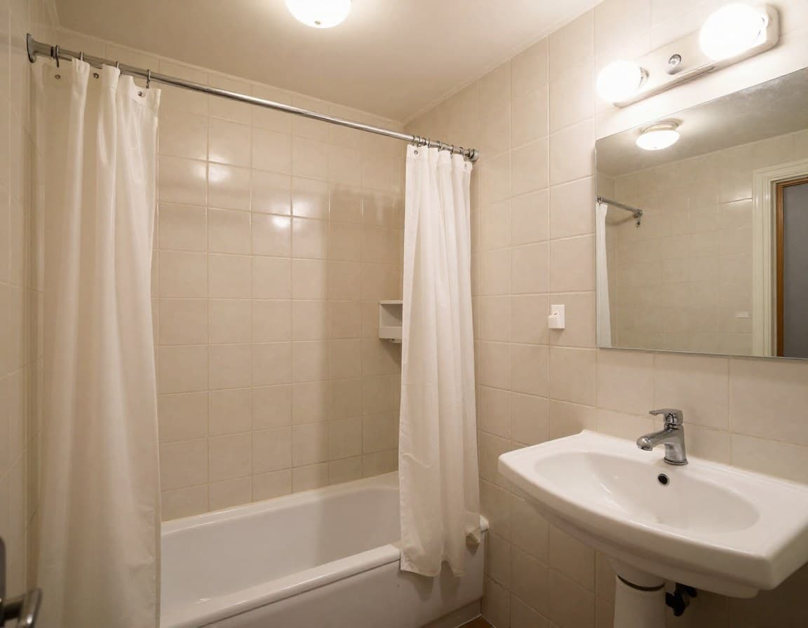 Veraltetes deutsches Badezimmer vor virtueller Renovierung — beige Fliesen und alte Badewanne