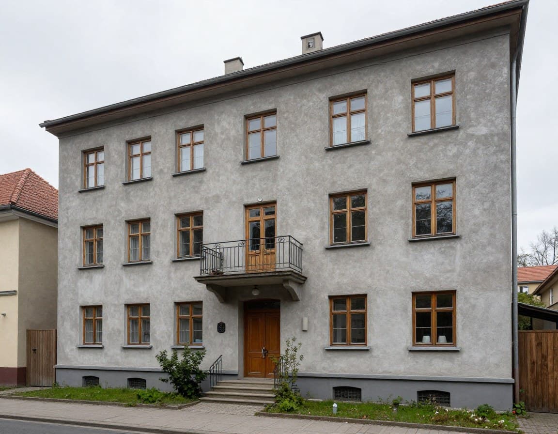 Deutsche Hausfassade vor virtueller Renovierung — grauer Putz und alte Holzfenster aus den 60ern