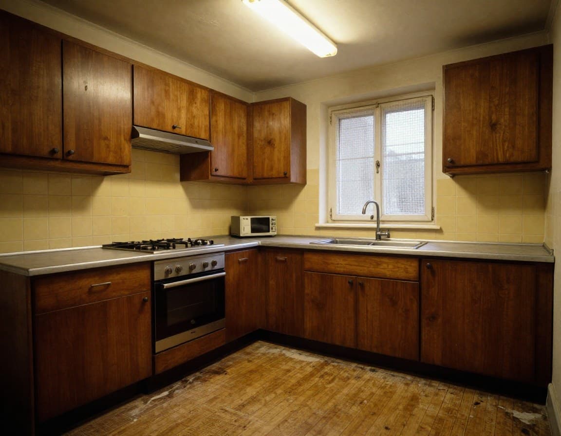 Veraltete deutsche Kuche vor virtueller Renovierung — dunkle Holzfronten und alte Fliesen