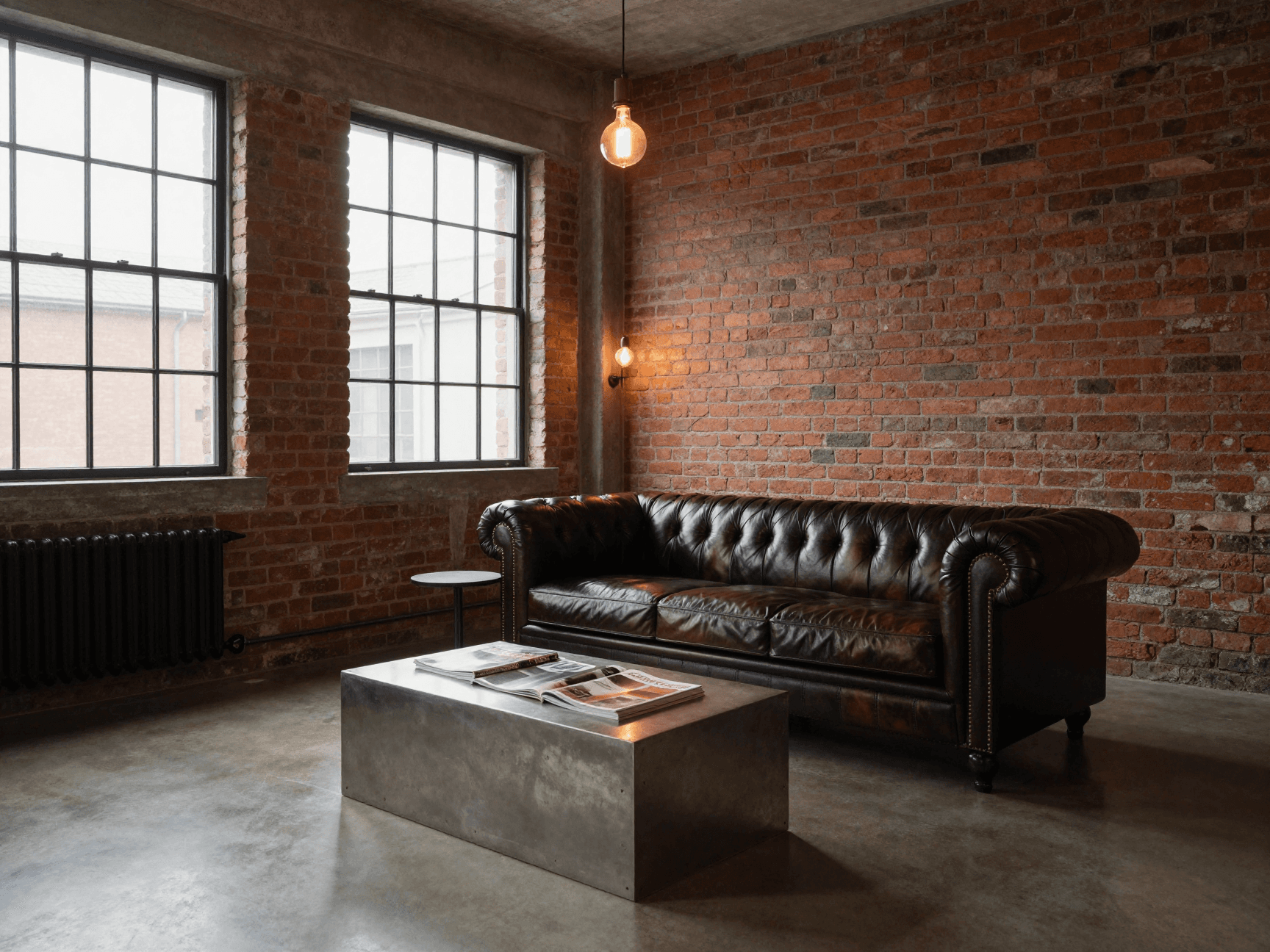 Industrial-Loft mit Backstein und dunklem Leder