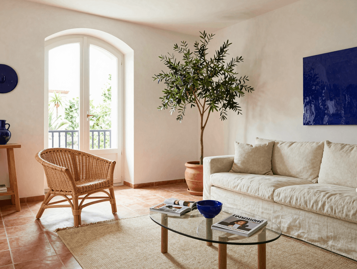 Mediterraner Stil mit Terracotta, Rattan und Olivenbaum