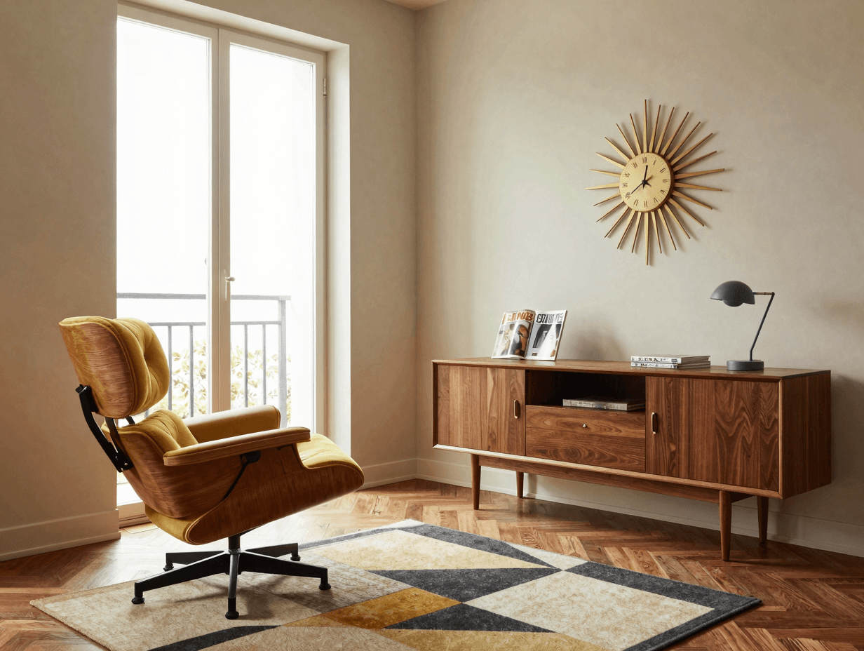 Mid-Century Modern mit Walnussholz und gelbem Eames-Sessel