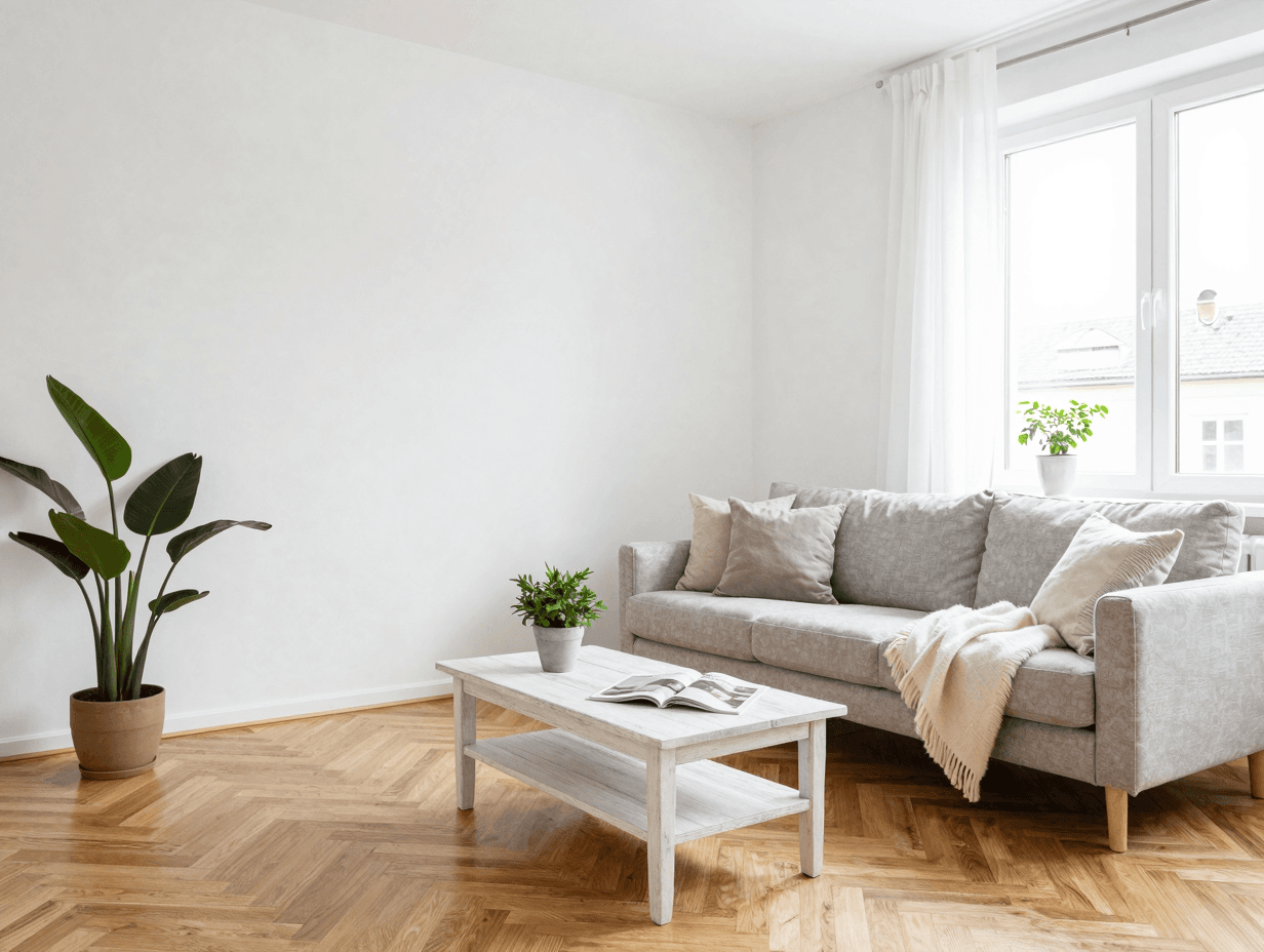 Skandinavische Wohnzimmer-Einrichtung mit hellem Holz und Leinen