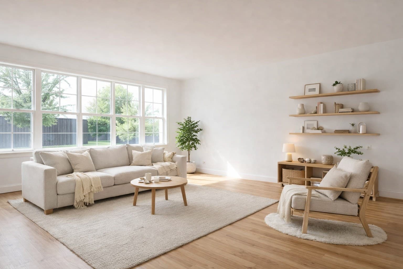 Wohnzimmer im skandinavischen Stil nach dem virtuellen Staging mit erhaltenen Wänden (Nachher)