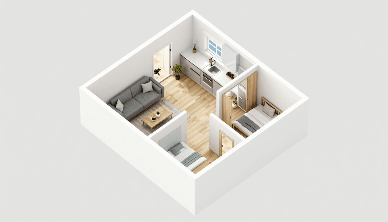 Isometrische 3D-Ansicht eines kompletten Wohnungsgrundrisses mit Möblierung