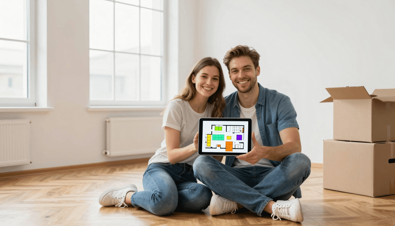 Junges Paar plant in leerer Wohnung digital die Möblierung am Tablet