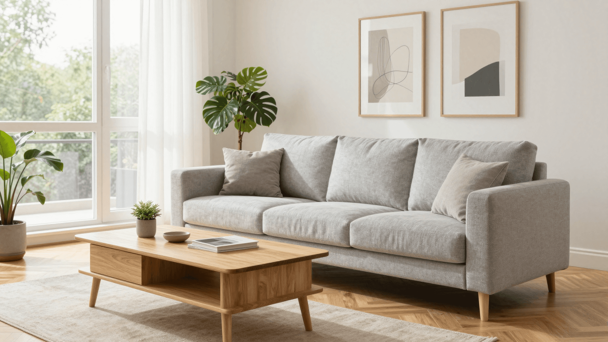 Zimmer einrichten mit KI — modernes deutsches Wohnzimmer mit Sofa, Couchtisch und Pflanzen, hell und einladend
