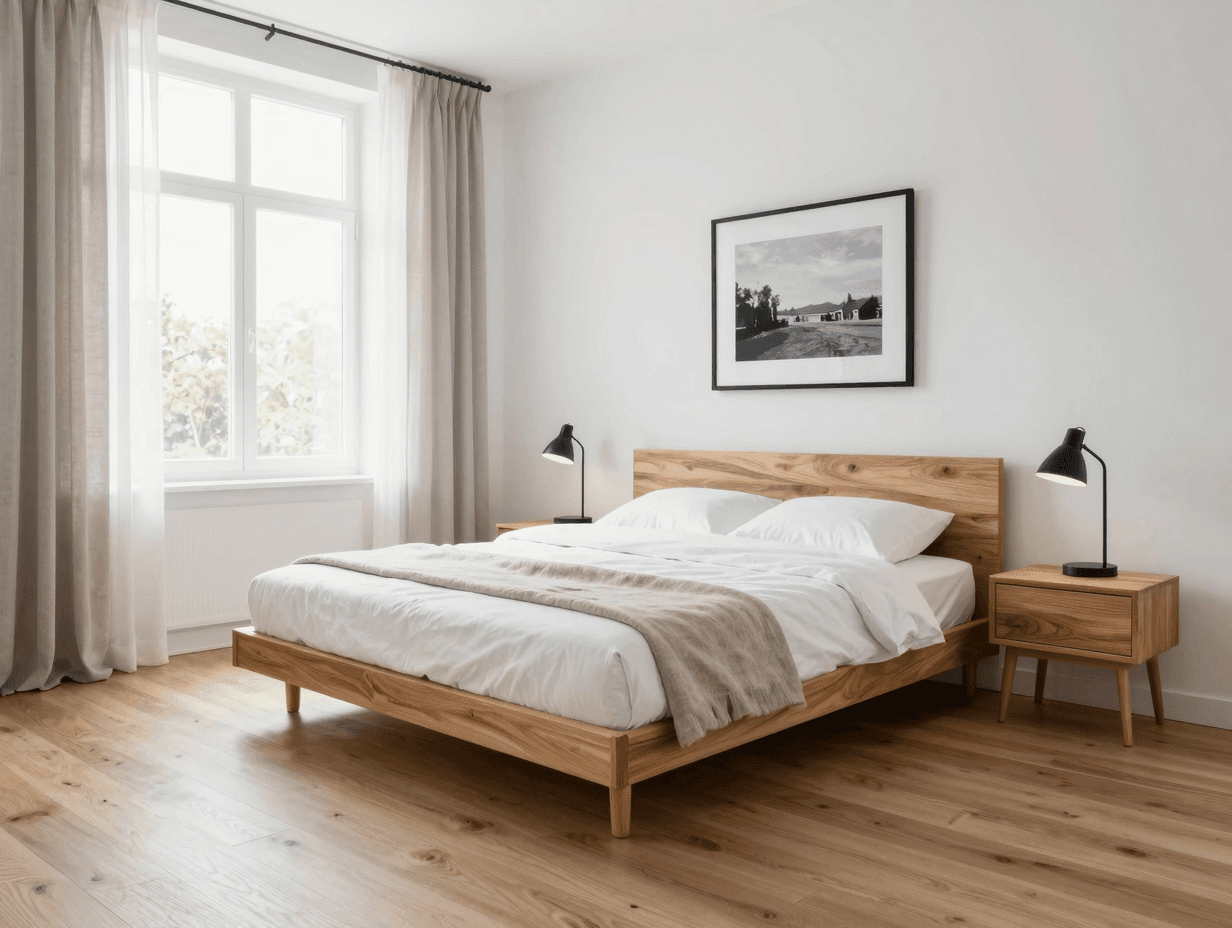 Schlafzimmer mit KI eingerichtet — modernes Doppelbett, sanftes Morgenlicht, klares Design