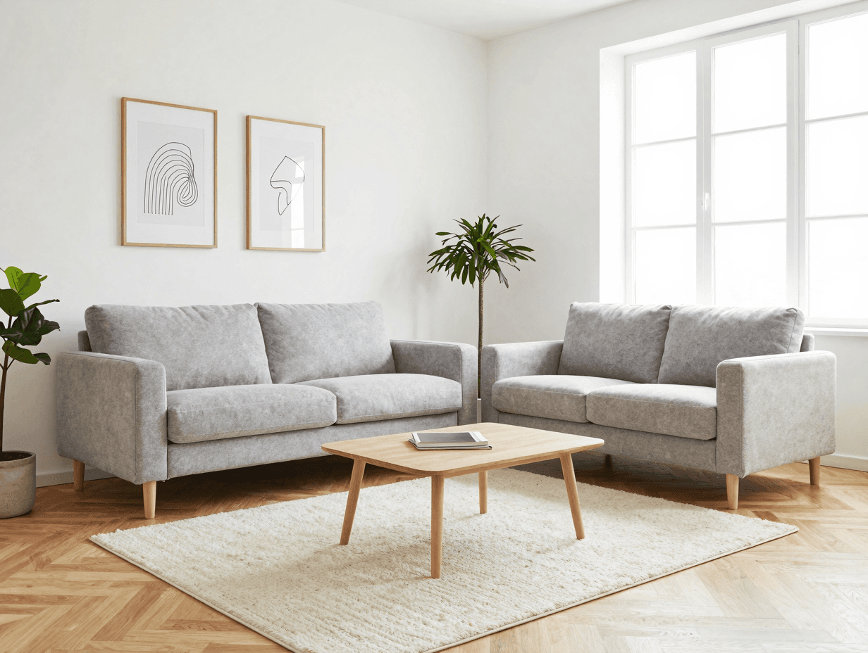Wohnzimmer mit KI eingerichtet — skandinavischer Stil mit hellem Sofa, Holzcouchtisch und Pflanzen