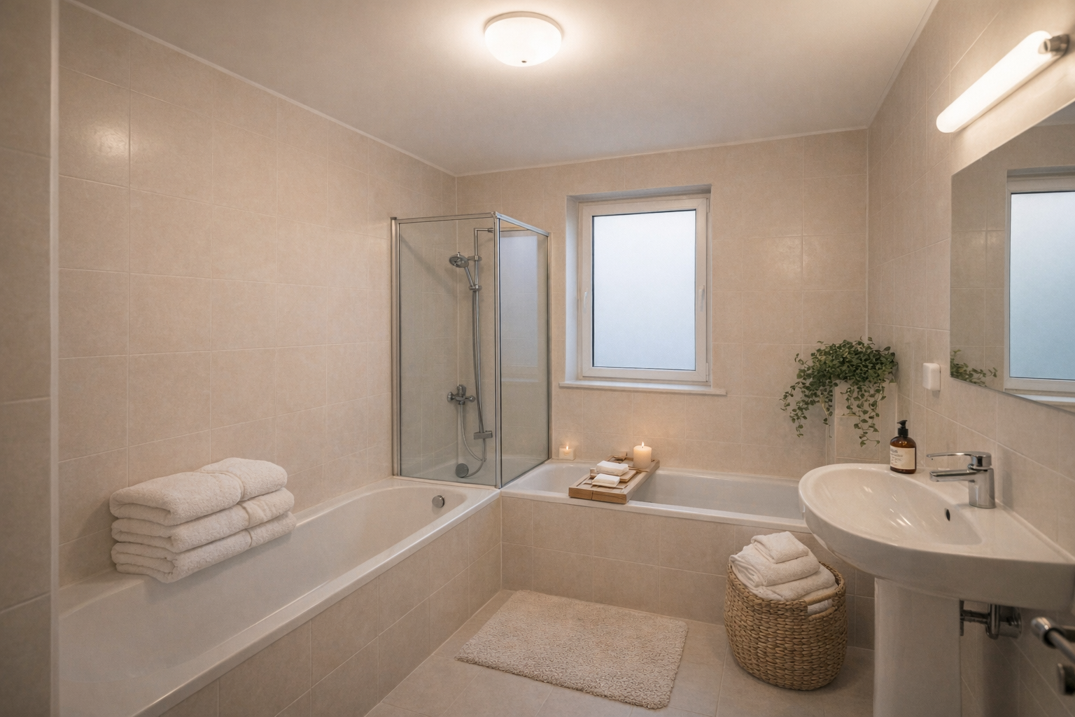 Badezimmer im Spa-Wellness-Stil mit freistehender Badewanne und warmem Licht